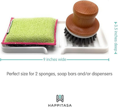 Silicone Soap Dish Tray and Sponge Holder with Drain Chute, Rectangular, Kitchen and Bathroom Sink Organizer (Sand Dollar, 9"x3.5")