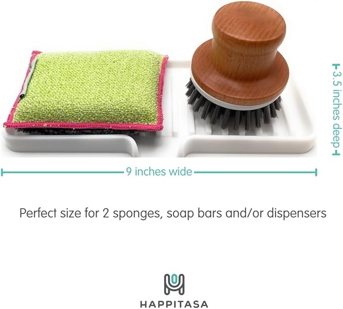 Silicone Soap Dish Tray and Sponge Holder with Drain Chute, Rectangular, Kitchen and Bathroom Sink Organizer (Black, 9"x3.5")