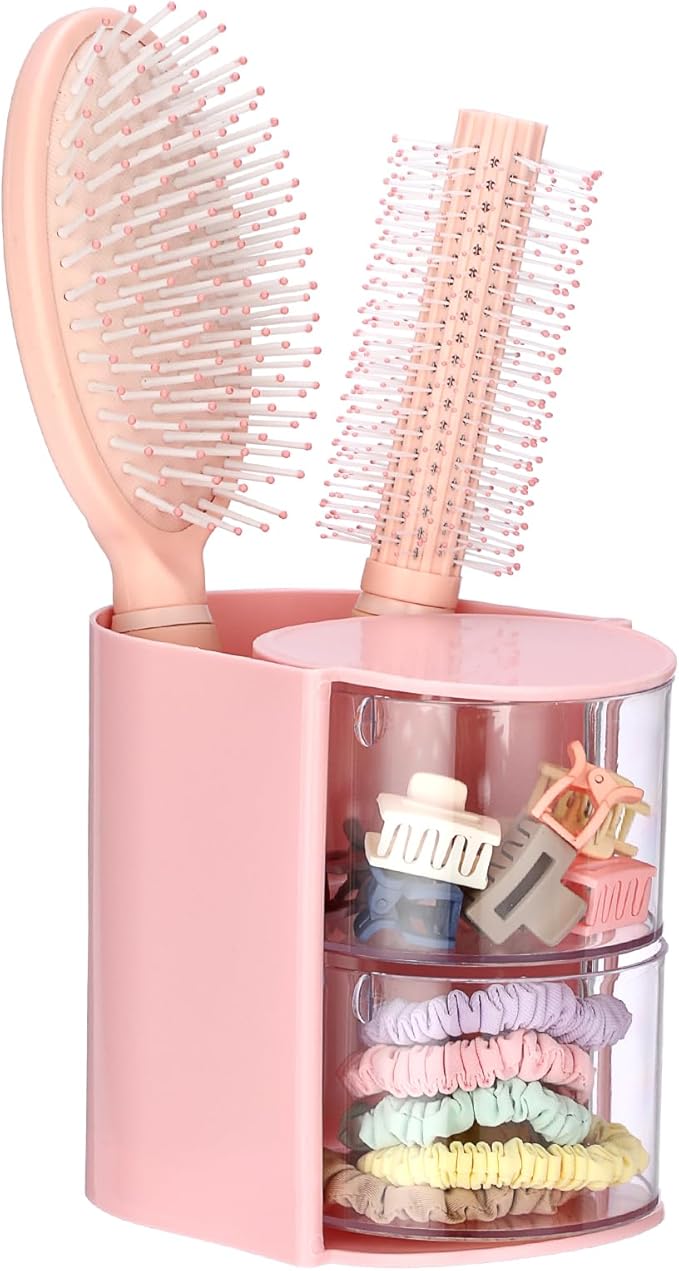Plastic Hair Accessories Organizer with Brush Holder Rotating Makeup Container Jewelry Storage Box for Vanity Bathroom Countertop, 2-Layer Pink