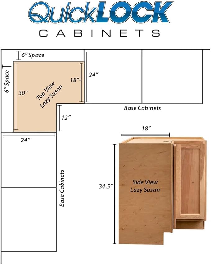 Quicklock RTA (Ready-to-Assemble) | Base Kitchen Cabinets - Shaker Style | Made in America (Raw Hickory, 18" D x 30" W x 34.5" H Lazy Susan)