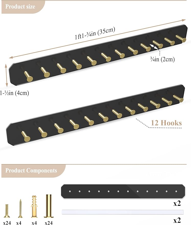 NiHome Wall Mounted Acrylic Jewelry Organizer 2-Pack, Durable Sleek Rack Strong Carbon Steel Hooks for Dressing Table, Bathroom, Kitchen, Hassle-Free Installation Multiple Mounting Options (Black)