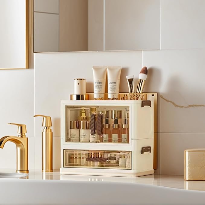 A stackable desktop organizer with drawers and compartments, ideal for storing cosmetics, beauty tools, jewelry, and school supplies in a student dorm. Features a convenient magnetic door handle.