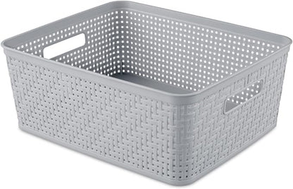 Sterilite 6-Pack Short Basket, Woven Plastic Storage Baskets for Organization, Cement - Organizing Bin Containers with Handles for Bedroom, Bathroom, Dorm, and Closet