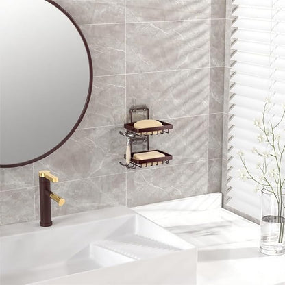 Moforoco Brown Double Soap Bar Holder for Shower, No Drilling, 304 Stainless Steel, Wall Mounted Soap Holder with 4 Hooks and Razor Holder, Shower Rack Soap Tray Bar Soap for Bathroom Accessories