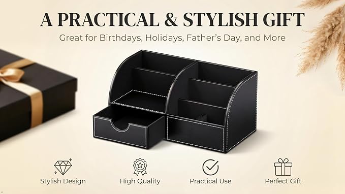 KINGFOM Cologne Organizer for Men, PU Leather Dresser Organizer with Drawer, 11" Countertop Cologne Holder for Watch, Wallet, Keys, Sunglasses, Bathroom Bedroom Nightstand Organizer, Black