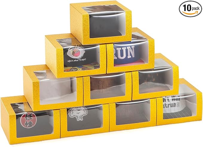 LADYBRO 10 Pack 7.8" x 7.8" x 4.8" Black Gift Boxes with Window Display for Hat Storage Containter for Baseball Caps (Fitted, Snapbacks, Trucker) (Glitter Gold, 7.8" x 7.8" x 4.8")