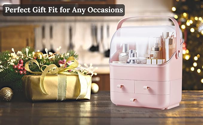 LINFIDITE Cosmetic Storage Box with Lid Waterproof&Dustproof Makeup Organizer Box Portable Handle,Large Makeup Display Case with Drawers Fully Open Lid,Great for Bathroom Countertop Bedroom Dresser