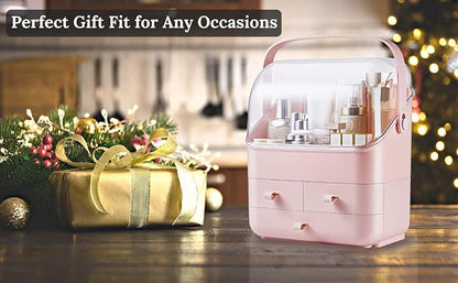 LINFIDITE Cosmetic Storage Box with Lid Waterproof&Dustproof Makeup Organizer Box Portable Handle,Large Makeup Display Case with Drawers Fully Open Lid,Great for Bathroom Countertop Bedroom Dresser
