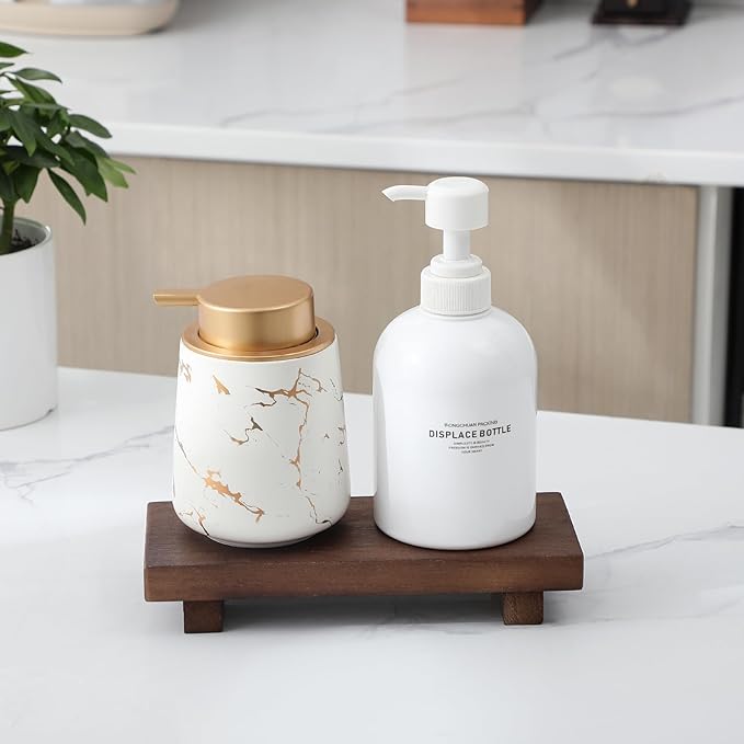zoocatia Small Wood Tray Pedestal Stand Farmhouse Bathroom Decor Decorative Wooden Riser Kitchen Soap Dish Holder for Vanity, Counter, Sink, Walnut