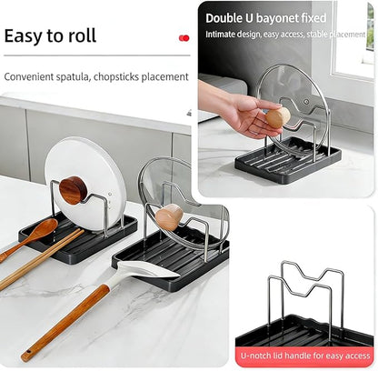 Pot lid Holder And Spoon Rest, 2 Layers Lid And Spoon Rest Pot Lid Organizer With Drip Tray, Multifunction Kitchen Gadget Rack For Cooking (Black)