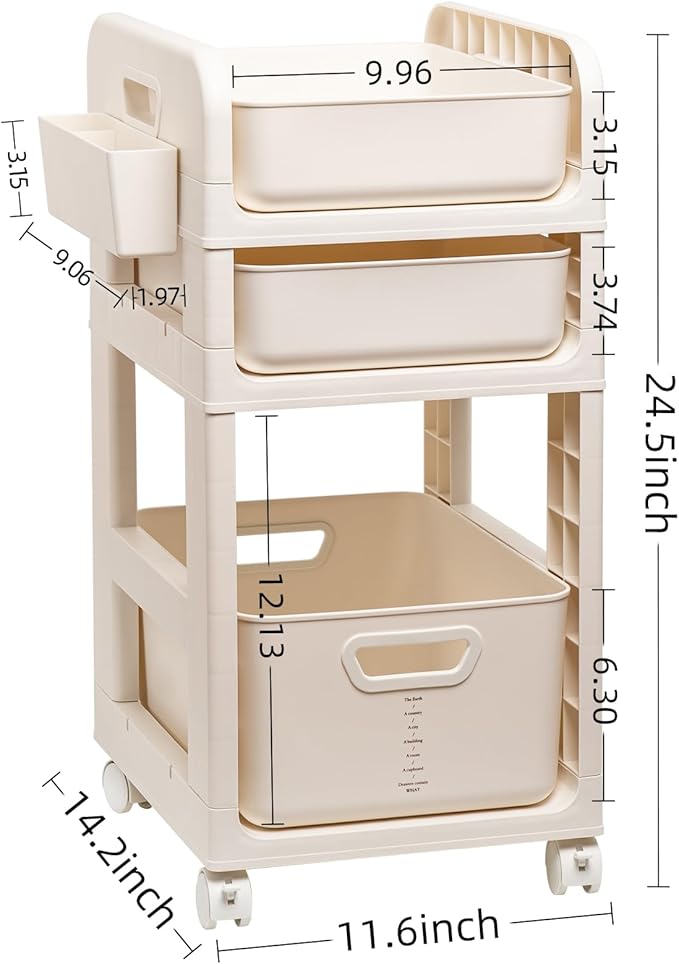 Rolling Makeup Organizer Cart with Removable Drawer, 3 Tier Stable White Floor Skincare Storage Cart for Vanity, Cosmetic Display, Nail Polish, Perfume, Hair Stuff, Beauty, Bathroom (3 Tier White)