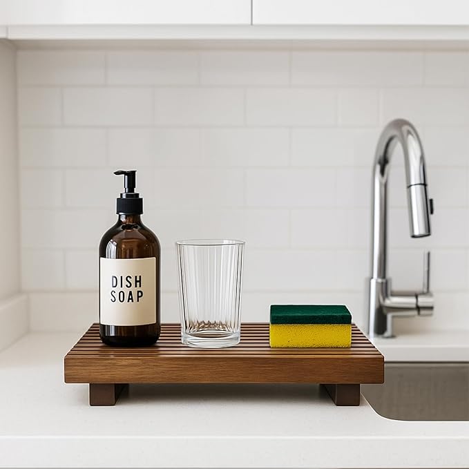 Acacia Wood Risers for Bathroom Tray Kitchen Counter Decor Bathroom Sink Accessories Decorative Wooden Riser Pedestal Stand for Kitchen Soap Tray Vanity Bathroom Countertop Sink Tray Dish Soap Holder
