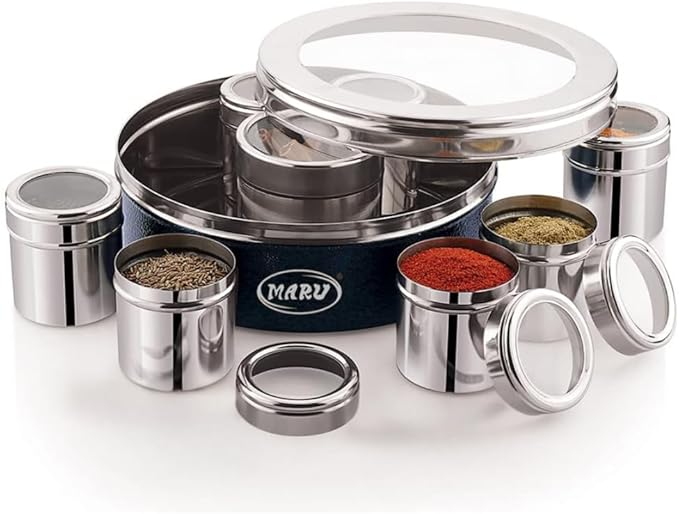 MARU Stainless Steel 8 in Masala Dabba - Authentic Indian Spice Box Set for Kitchen, Spice Rack Container Indian Masala Spice Boxes, See Through Lid 8 Containers, 3 Spoons (20.5Cms) (Blue)