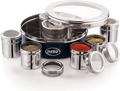 MARU Stainless Steel 8 in Masala Dabba - Authentic Indian Spice Box Set for Kitchen, Spice Rack Container Indian Masala Spice Boxes, See Through Lid 8 Containers, 3 Spoons (20.5Cms) (Blue)