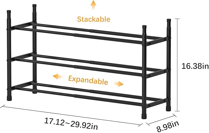 TZAMLI 3-Tier Expandable Metal Shoe Rack for Closet, Stackable Shoe Organizer Adjustable Shoe Storage Small Shoe Shelf for Entryway Entrance, 17.2"-30" x 9" x 16.4" Inch Black