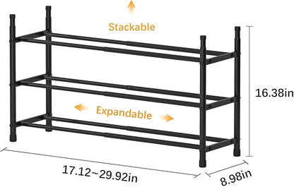 TZAMLI 3-Tier Expandable Metal Shoe Rack for Closet, Stackable Shoe Organizer Adjustable Shoe Storage Small Shoe Shelf for Entryway Entrance, 17.2"-30" x 9" x 16.4" Inch Black