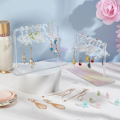 PH PandaHall 32 Holes Earring Hanger Stands Acrylic Earring Holder Rack with Mini Hangers Earring Display Earring Closet Ear Stud Organizer for Retail Personal Exhibition, Iridescent Clear Blue Mixed