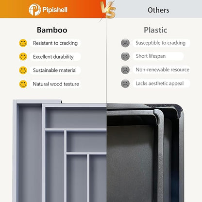 Pipishell Bamboo Expandable Drawer Organizer for Utensils Holder, Adjustable Cutlery Tray, Wood Drawer Dividers Organizer for Silverware, Flatware, Knives in Kitchen, Bedroom, Living Room(Grey)