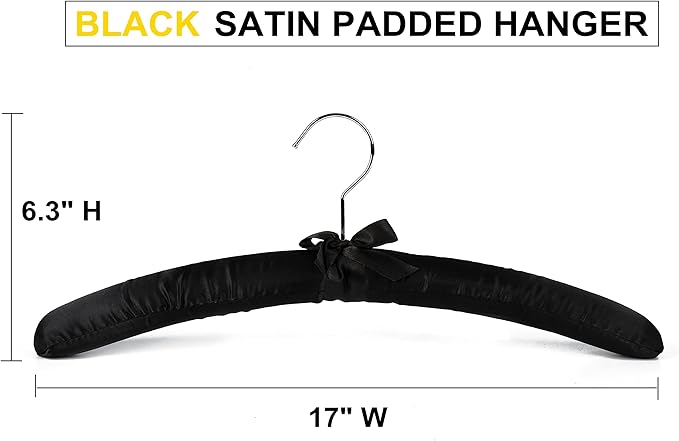 Amber Home 5 Pack Large Black Satin Padded Hangers, 17" Non-Slip Cushioned Hangers for Sweaters, Silk Dress, Wedding Dress, Bridal Gown, Cashmere