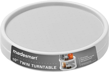 madesmart 10" Two-Level Turntable, Tiered Spinning Organizer for Spices, Lazy Susan Organizer, Condiments & Pantry Items, Non-Slip Lining, Easy to Clean, White