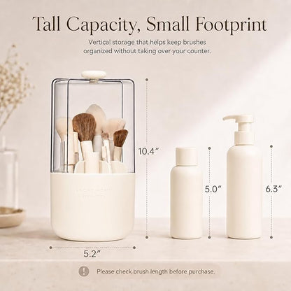 EACHY Makeup Brush Holder with Lid, 360° Rotating Vanity Organizer for Brushes, Dustproof Cosmetic Display Case, 7 Compartments, Waterproof Plastic (Beige)