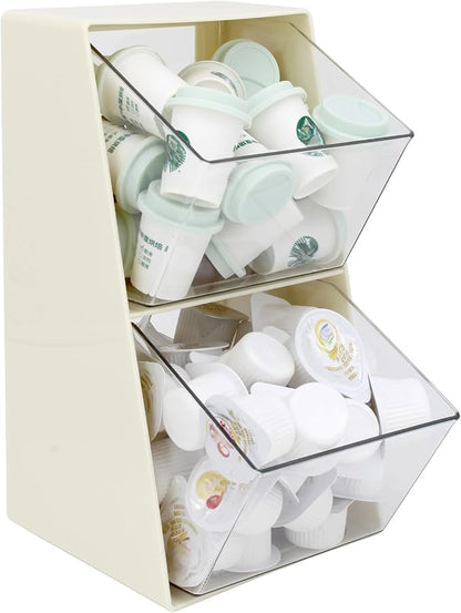 Bokelai Coffee Pod Holder with 2 Large Capacity Basket K Cup Storage Container Coffee Bar Accessories for Creamer Suger Plastic Desk Box Tea Bag Organizer Creamy White/Clear