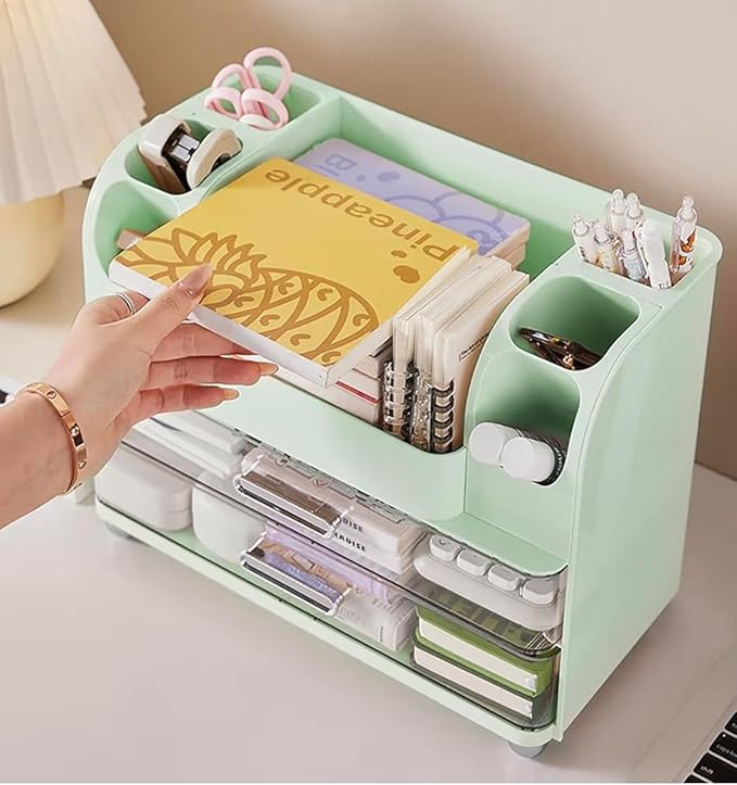 Tiered Makeup Organizer, Mint Green Cosmetic Storage Display Case with Brush Holder, Vanity Beauty Product Storage System