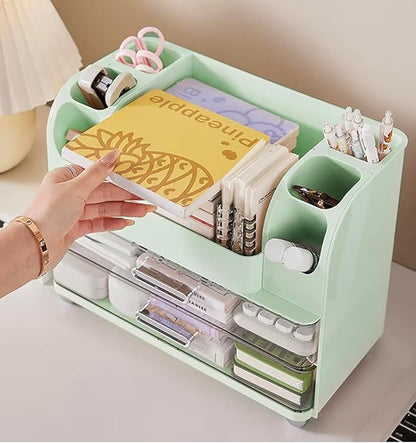 Tiered Makeup Organizer, Mint Green Cosmetic Storage Display Case with Brush Holder, Vanity Beauty Product Storage System