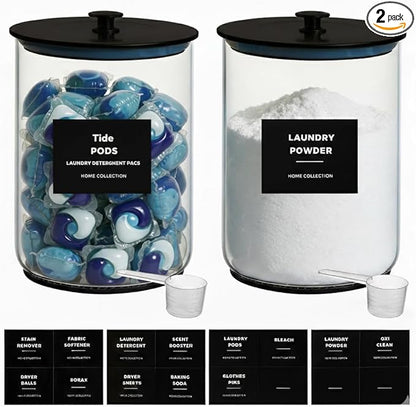 2 Pack 1 Gallon Glass Laundry Detergent Dispenser for Powder, 4L Large Laundry Pods Holder with Hygienic Plastic Lids & Metal Rim, Airtight Glass Canister Set with Scoops & Labels, Black
