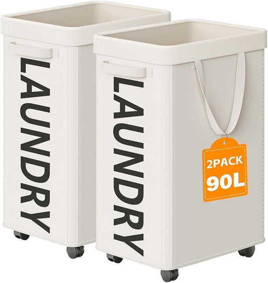 Optish 2 Pack Rolling Laundry Basket with Wheels, 90L Hamper with Wheels and Removable Mesh Bag, White Laundry Baskets on Wheels for Bedroom, Dorm, Clothes Hamper Organizer