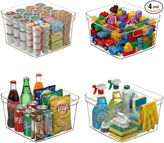 MOONEDGE 4-Pack Clear Cube Storage Bins,10x10 Plastic Organizer Boxes with Handles, Open-Top Square Containers for Closet,Pantry,Fridge,Kitchen,Bathroom,Laundry Room,UnderSink and Cabinet Organization