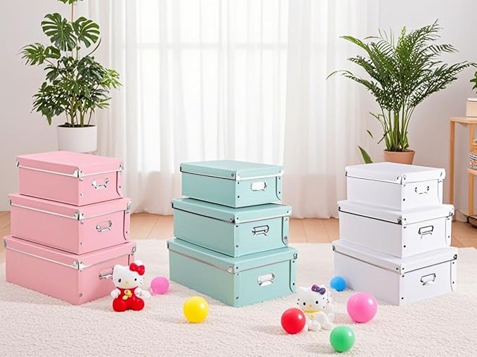 XUCHUN Decorative Storage Box with Lids,Set of 3 Waterproof Foldable Plastic Box Multiple Sizes for Socks/Office（White）