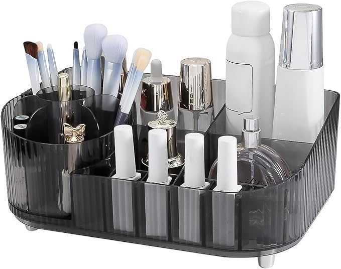 DASITON Large Capacity Makeup Organizer with 360° Rotating Makeup Brush Holder, Multi-Compartment Skincare and Cosmetic Storage for Vanity, Bathroom Countertop, Dresser, Desktop Storage Box (Gray)