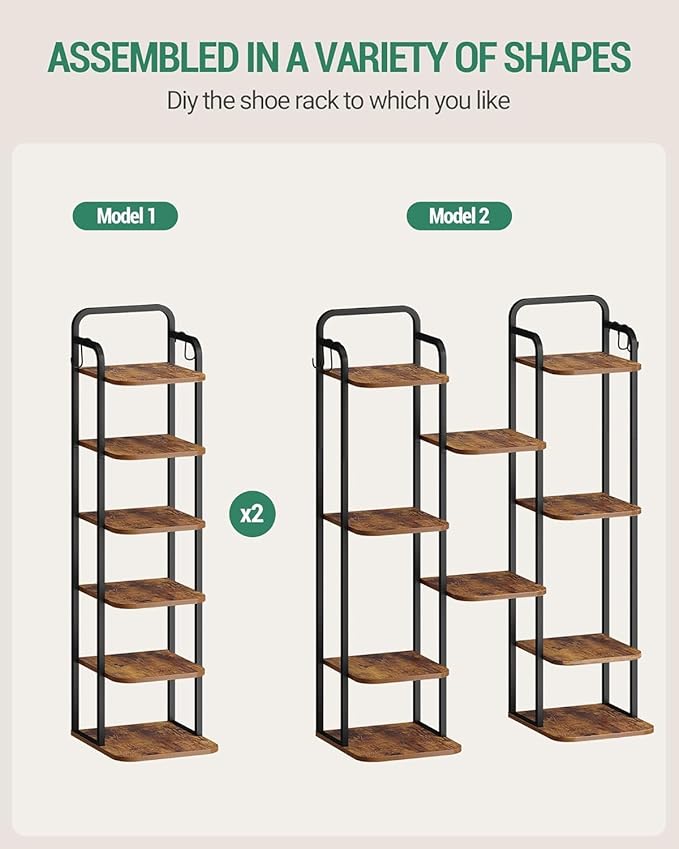 Hzuaneri 6 Tiers Vertical Shoe Rack, Narrow Shoe Tower, Tall Shoes Shelf with 2 Hooks, Adjustable Shelves, Corner Shoes Shelves for Small Spaces, Entryway, Living Room, Rustic Brown SR04201B