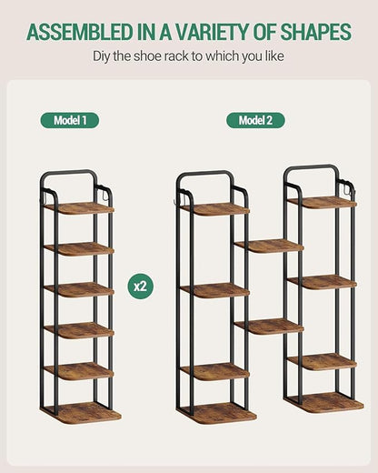 Hzuaneri 6 Tiers Vertical Shoe Rack, Narrow Shoe Tower, Tall Shoes Shelf with 2 Hooks, Adjustable Shelves, Corner Shoes Shelves for Small Spaces, Entryway, Living Room, Rustic Brown SR04201B