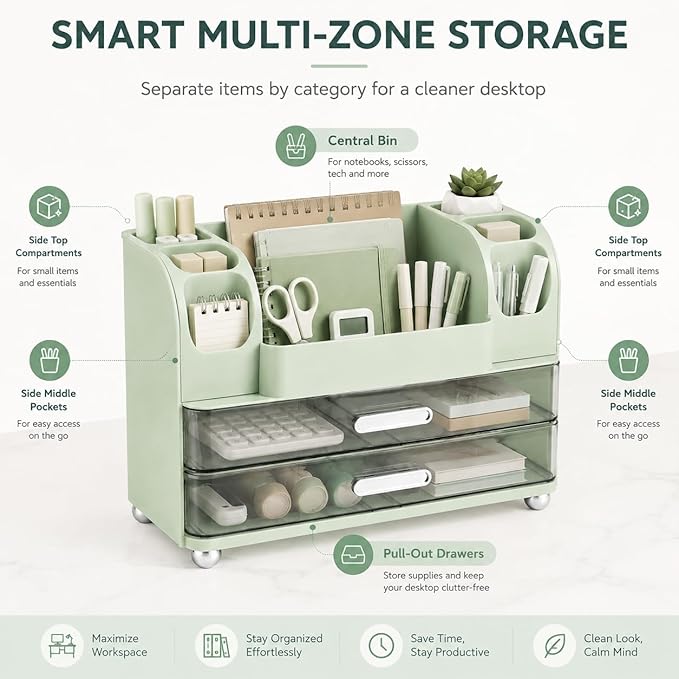 Makeup Organizer with 2 Drawers, Cosmetic Display Case, Storage Holder for Vanity, Bathroom Counter, Desk, Beauty Supplies (Green)
