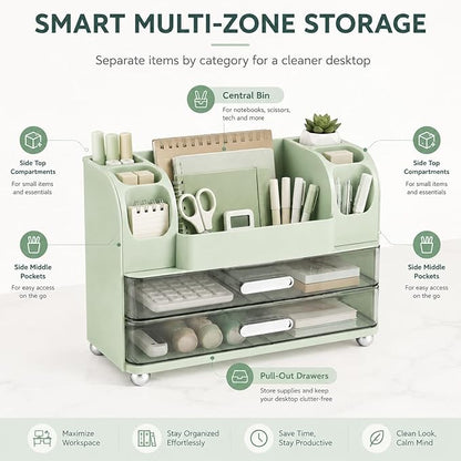 Makeup Organizer with 2 Drawers, Cosmetic Display Case, Storage Holder for Vanity, Bathroom Counter, Desk, Beauty Supplies (Green)