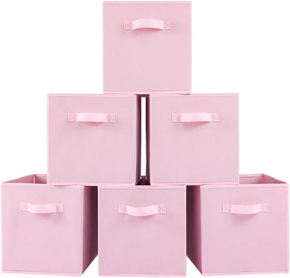 Stero Fabric Storage Bins 6 Pack Fun Colored Durable Storage Cubes with Fabric Handles Foldable Cube Baskets for Home, Kids Room, Closet and Toys Organization Pink