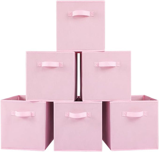 Stero Fabric Storage Bins 6 Pack Fun Colored Durable Storage Cubes with Fabric Handles Foldable Cube Baskets for Home, Kids Room, Closet and Toys Organization Pink