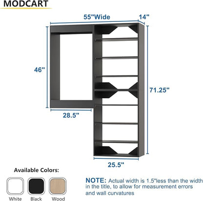 Modular Closet System - 55" Wide Organizer with Towers and Hanging, Wooden Tower Storage for Walk-In Closets, Wall-Mounted Wardrobe Organizer Kit System, Black