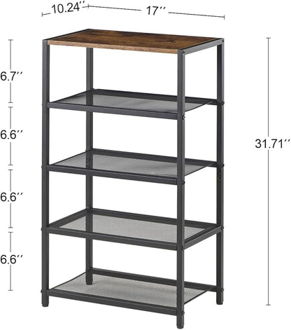 Narrow Shoe Rack for Front Door Entrance, Entryway, and Closet Shoe Organizer with 4 Sturdy Metal Mesh Shelves and Wooden Top, Holds 10 Pairs, Ideal for Storage or Display