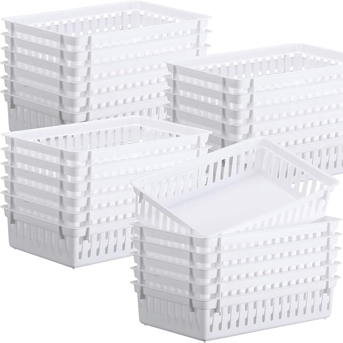 Wenqik 24 Pcs Plastic Storage Baskets for Classroom Organizing Small Pantry Storage Bins Rectangular Tray for Back to School Household Toys Classroom Bedrooms, Kitchens Countertops(White)