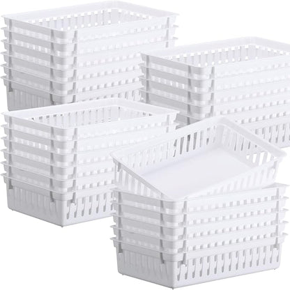 Wenqik 24 Pcs Plastic Storage Baskets for Classroom Organizing Small Pantry Storage Bins Rectangular Tray for Back to School Household Toys Classroom Bedrooms, Kitchens Countertops(White)