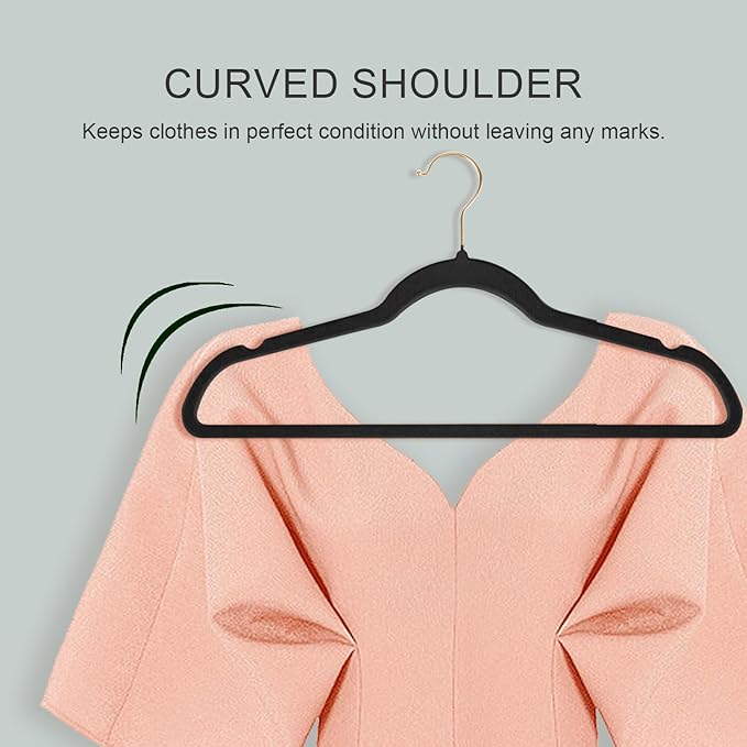 36 Packs Velvet Clothes Hangers, 17.3 Inches Non-Slip Skirt Hangers, Sturdy Dresses Hangers with Shoulder Notches, Space Saving Clothing Hangers for Adults, Black with Gold Hook