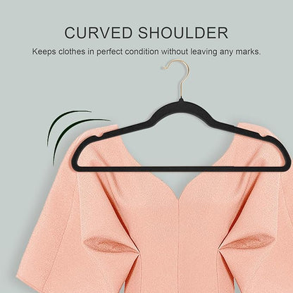 36 Packs Velvet Clothes Hangers, 17.3 Inches Non-Slip Skirt Hangers, Sturdy Dresses Hangers with Shoulder Notches, Space Saving Clothing Hangers for Adults, Black with Gold Hook
