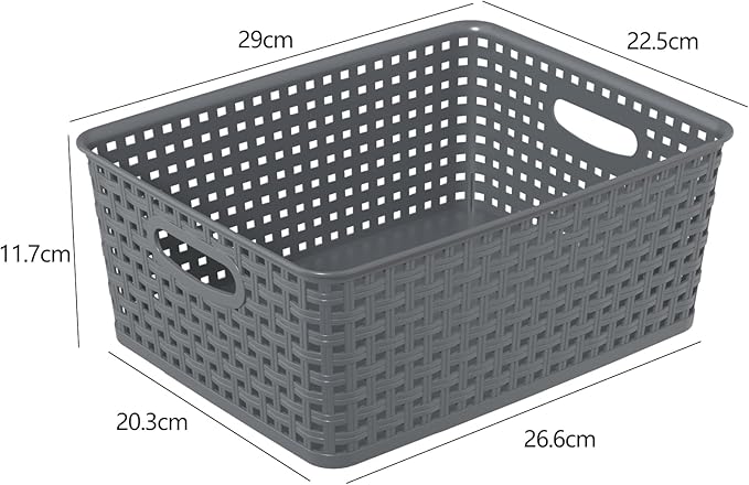 Set of 4 Plastic Woven Storage Baskets, 11.41" x 8.86" x 4.6", Pantry Kitchen Organizer Bins, Gray