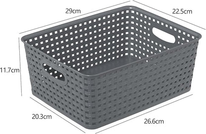 Set of 4 Plastic Woven Storage Baskets, 11.41" x 8.86" x 4.6", Pantry Kitchen Organizer Bins, Gray