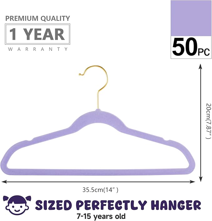 MIZGI Kids Velvet Hangers,Non-Slip Big Kids Hangers,14 Inch Hangers for Youth,Teen Clothes,Pack of 50（Light Purple/Rosegold）