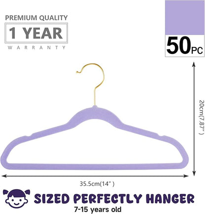 MIZGI Kids Velvet Hangers,Non-Slip Big Kids Hangers,14 Inch Hangers for Youth,Teen Clothes,Pack of 50（Light Purple/Rosegold）