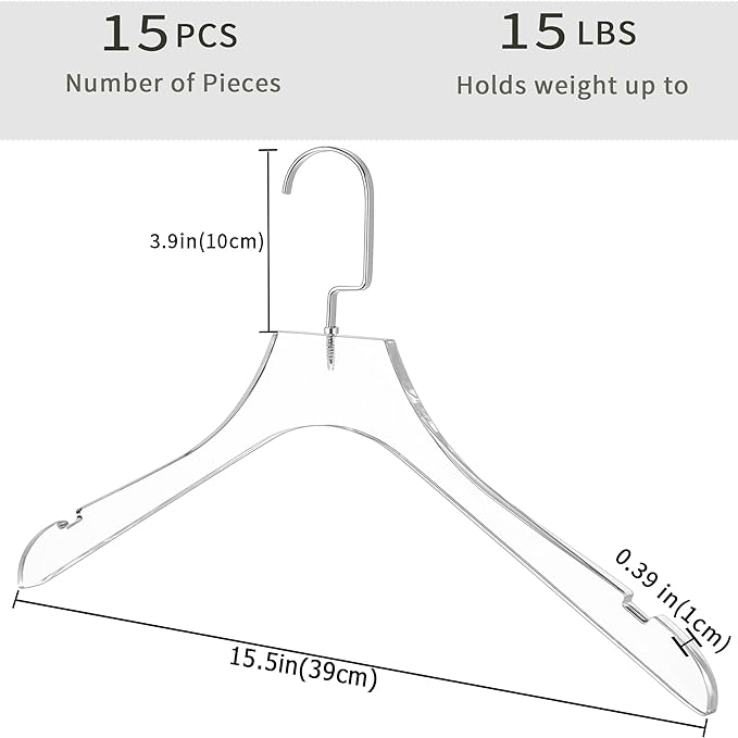 Besser 15 Pack Acrylic Hangers Gold Acrylic Hanger with Clips Premium Quality Crystal Clear Hangers Luxury Dress Suit Hangers(Silver Hook)